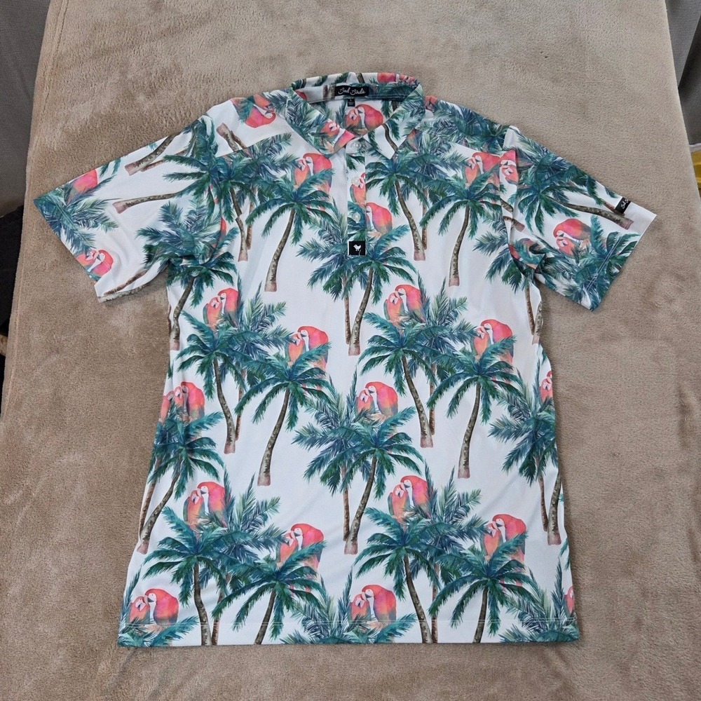 Bad Birdie polo mens size Large tropical birds Palm polyester short sleeve EUC